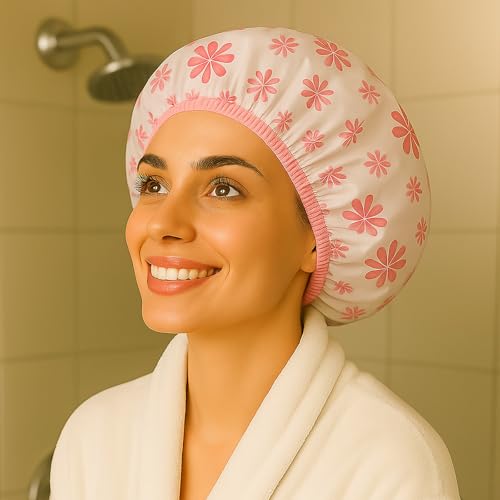 2Pcs Waterproof Shower Cap Set, Elastic Band, Reusable EVA Bathing Caps, Ideal for Long Hair & Various Hairstyles Protection,Green+Red Snowflake