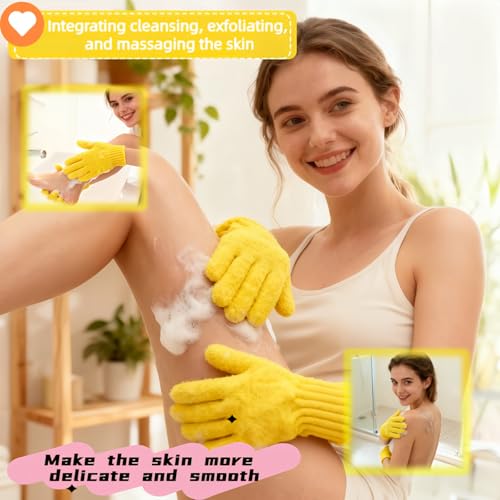 4-Pack SpaGlow Exfoliating Bath Gloves - Body & Face Scrub for Smooth Skin, Prevent Acne, Unclog Pores. Deep Cleansing and Massage Spa Gift Set for Women/Men, Yellow and green