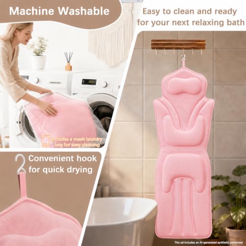 Full Body Bath Pillow for Bathtub Thickened 5D Air Mesh 144 Suction Cups | Bath Pillow Luxury Bathtub Pillow 3.7'' Thick Head, Neck and Back Support Bath Tub Pillow Extra-Large 59 x 20 Inch Size - color: Pink, size: Large