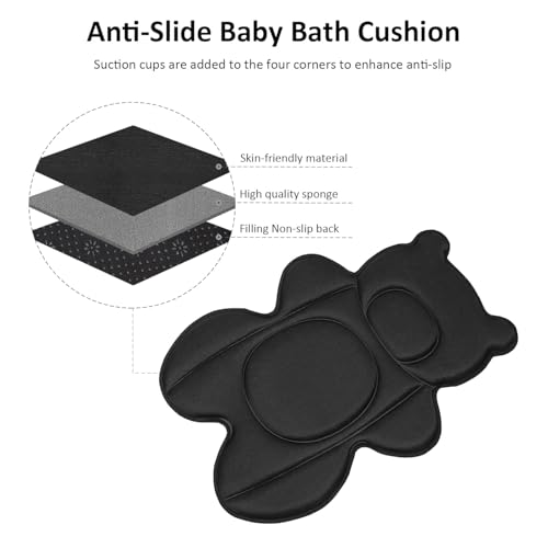 Infant Baby Bath Cushion,Fits Inside Most Baby Bathtubs, Breathable Soft Baby Bath Support Seat,Baby Bath Pad Bath Pillow for Bathtub,Newborn Bath Mat with 4 Suction Cups (Black) - color: Black