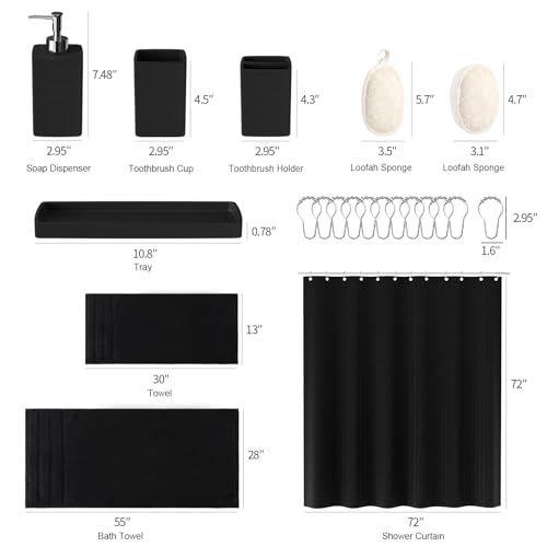 Resin Black Bathroom Sets, Black Bathroom Accessories Set with Shower Curtain, Bath Towel Set, Natural Loofah Sponge, Soap Dispenser, Toothbrush Holder, Bathroom Tumbler and Tray for Countertop - size: Bath Set+Shower Curtain+Towel Set+2PCS Loofah, style: