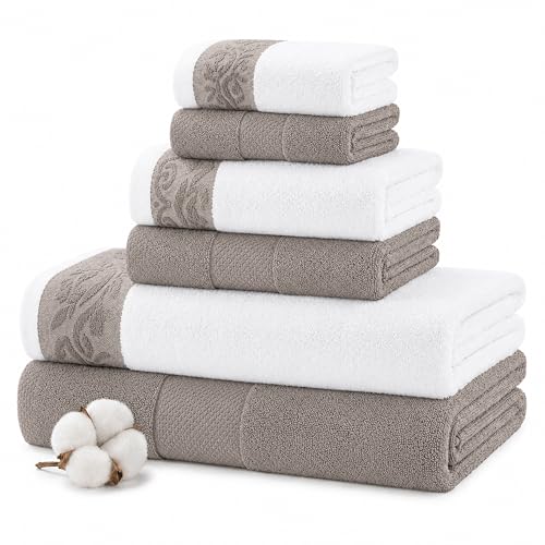 Modern Threads 600 GSM 6-Piece Towel Set with Filgree Jacquard Border Taupe - color: Brown, style: Jacquard Border