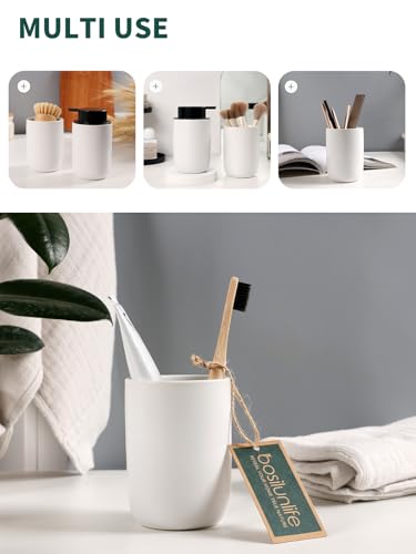 Bosilunlife Soap Dispenser and Toothbrush Holder Set - 11Oz Dish Hand Soap Dispenser Pump Ceramic Bathroom Counter Soap Toothbrush Holder Set White Bathroom Accessories Set - color: White-cylinder Liquid Pump & Toothbrush Holder