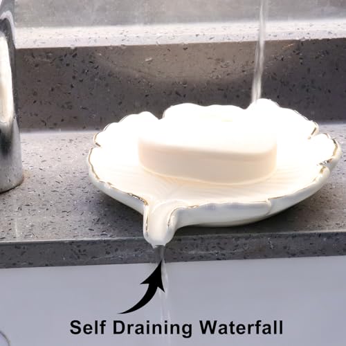 White Leaf Bathroom Soap Dish,Ceramic Soap Dish Holder in Palm Leaf Style,Self Draining Design and Used to Hold Various Small Bathroom and Kitchen Accessories - color: White
