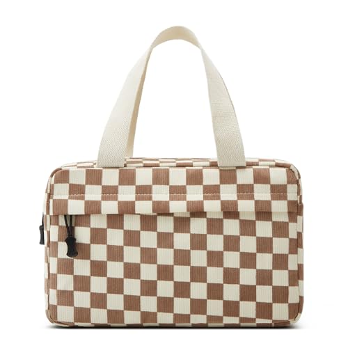Large Makeup Bag for Women Corduroy Cosmetic bag Make up Bags Zipper Pouch with handle Cosmetic Organizer Toiletry Bag for Travel Storage - color: 20-Checkered Light Khaki