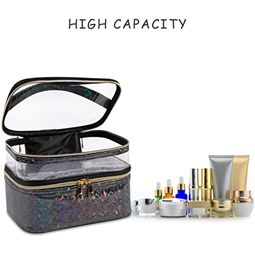 Double-layer Makeup Bag Cosmetic Bag Travel Makeup Cases Organizer Toiletry Bag Gift for Women, Portable Waterproof (Black) - color: 10-Black