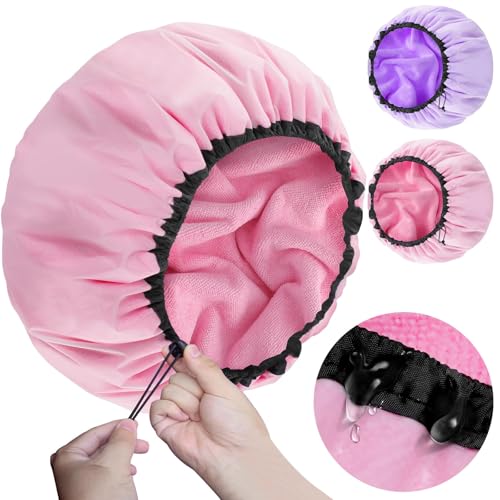 Sheomern 2 Pcs 13.5" Dual Waterproof Design Adjustable Terry Shower Cap for Women and Men, EVA Double Layer Bath Cap Reusable for Braids, Long Hair, Dreadlocks - color: Pink+Purple, size: Large