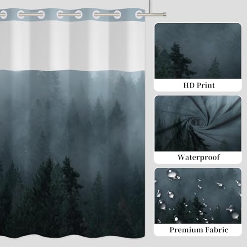 No Hook Forest Shower Curtain with Snap in Liner Set 71x74 Inch | Waterproof Fabric Shower Curtain with Mesh Top Window, Misty Pine Tree Landscape Bath Curtain, Nature Woodland Bath Decor - color: Forest