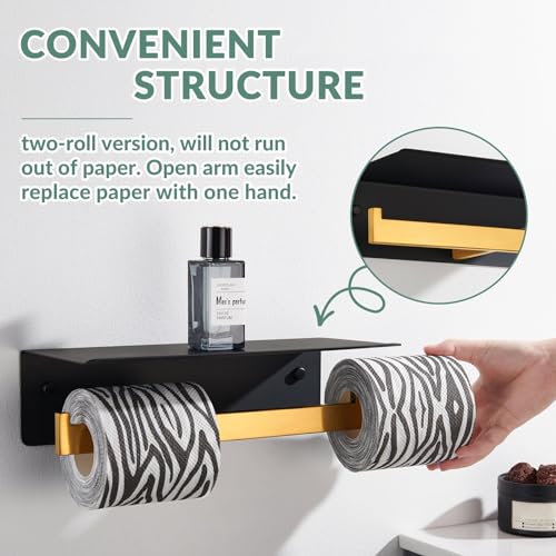 APLusee Double Toilet Paper Holder with Phone Shelf, 304 Stainless Steel Bathroom Tissue Hanger, Wall Mounted Dual Roll Paper Dispenser, Black & Gold - color: Black With Gold, size: Double Rod