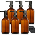 6 Pack Glass Soap Dispenser with Pump 17 oz Refillable Liquid Hand Soap Dispensers for Bathroom Kitchen Liquid Bottle with Labels for Dishwashing Soap Shampoo Body Wash Facial Cleanser Lotion,Amber