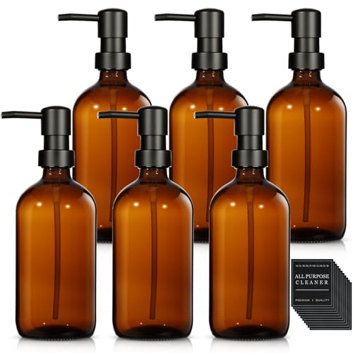6 Pack Glass Soap Dispenser with Pump 17 oz Refillable Liquid Hand Soap Dispensers for Bathroom Kitchen Liquid Bottle with Labels for Dishwashing Soap Shampoo Body Wash Facial Cleanser Lotion,Amber