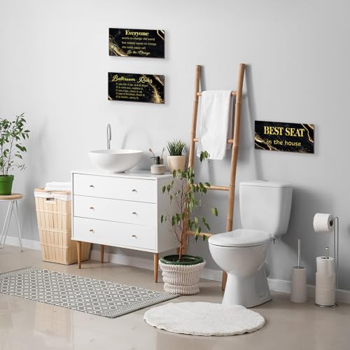 DONFENTHY 3 Pieces Black Gold Bathroom Decor Bathroom Rules Wall Art Rules Signs Best Seat in The House Farmhouse Wooden Sign for Toilet Wall Decor (Black Gold 10x5") - color: Black Gold