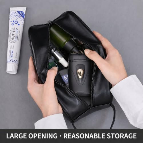 Men's Toiletry Bag, Vintage PU Leather Travel Shaving Case, 9.1" Lightweight Toiletries Organizer Pouch, Premium Grooming Gift for Husband Dad, Khaki (Black) - color: Black