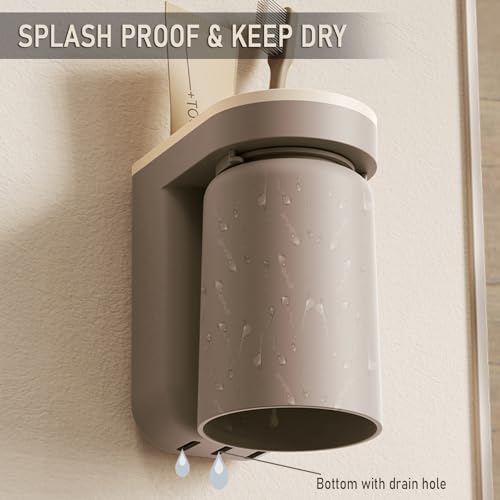 Toothbrush Holder Wall Mounted with Cup,2-in-1 Toothbrush Holders & Cups Set,Inverted Design for Easy Cleaning and draining,Stick-on Toothbrush Holder for Bathroom (Beige+Coffee) - color: Beige+coffee