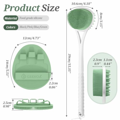 Silicone Back Scrubber & Bath Glove Set, 15.35’’ Soft Back Scrubber with Dual-Side Brush Head, 360° Anti-Slip & Enlarged Exfoliating Body Scrubber for Rich Foaming Deep Cleaning(Green) - color: Green