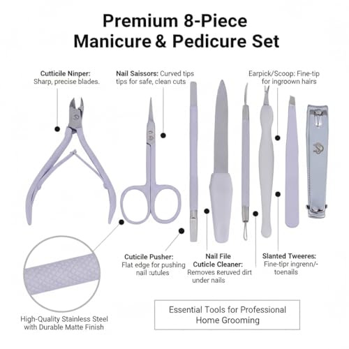 Professional Manicure Pedicure Set Nail Clippers Kit with Cuticle Trimmer Nail File Scissors & Grooming Tools in Portable Leather Travel Case for Men & Women White