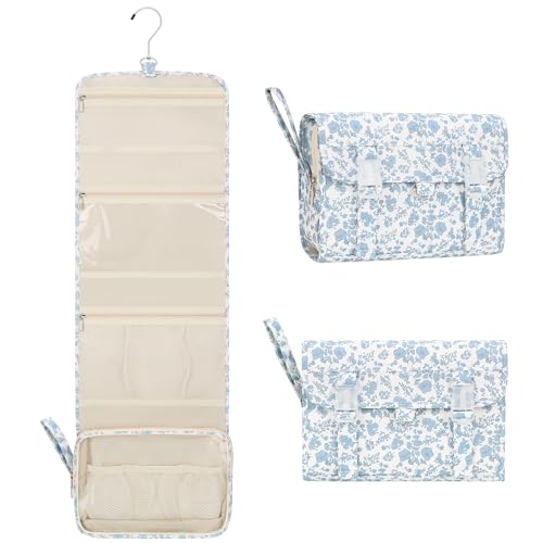 Hanging Toiletry Bag, Travel Toiletries Bag with Hanging Hook, Water Resistant Makeup Cosmetic Organizer for Full Sized Container, Shampoo, Portable Wash Bag for Travel Size Essentials - Blue Flower - color: 01 Blue Flower, size: Large