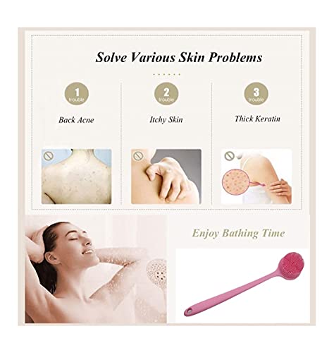 Long Handle Silicone Body Scrubber for Shower, Dual-Sided Back Scrubber Brush with Soft Bristles&Massage Nodes, Exfoliating Bath Brush for Hard to Reach Areas, Easy to Clean & Quick Dry, for Daily Use - color: Pink