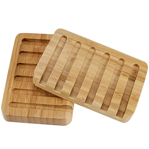 6 Pack Bamboo Soap Dishes, Self Draining Soap Tray with Slanted Waterfall Design, Bar Soap Holder for Shower, Bathroom, Kitchen, Sinks and Countertop, 5.1 x 3.5 x 0.7 Inch
