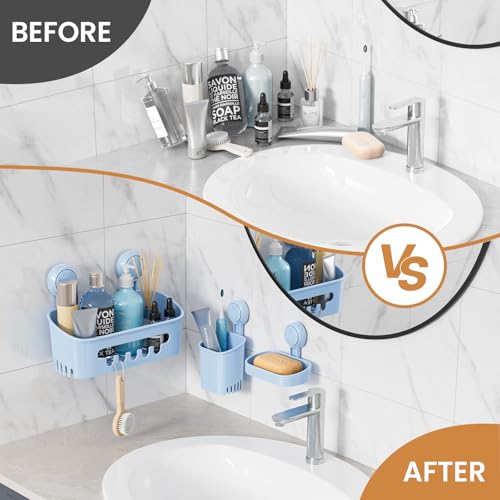 LEVERLOC Shower Caddy Suction Cup Set Shower Organizer & Soap Holder & Toothbrush Holder, Bathroom Shelf Basket NO-Drilling, Removable Suction Storage Waterproof Bathroom Holder, Blue - color: 3 × Blue