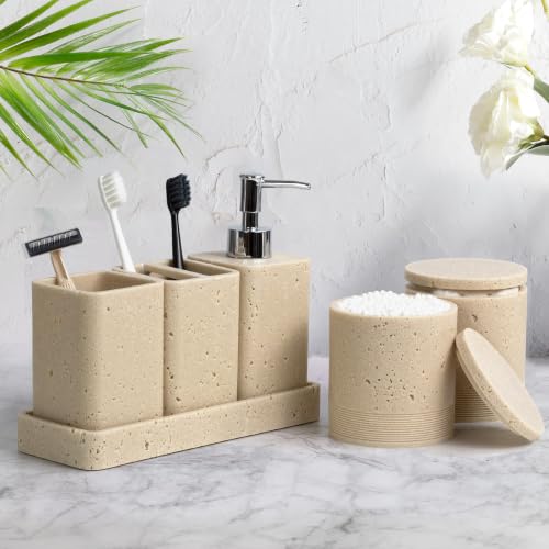 Bathroom Accessories Set, 6 Piece Bathroom Set with Toothbrush Holders, Soap Dispenser, Vanity Tray, Tumbler, Cotton Swab Jars, Bathroom Organizer for Bathroom，Bathroom Sink Sets Travertine Beige - color: Travertine Beige
