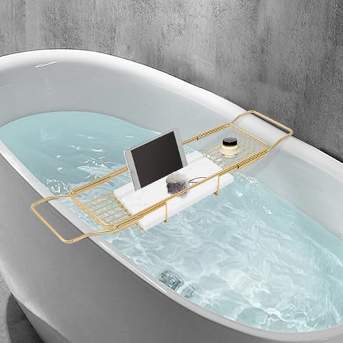 Expandable Bathtub Tray, 26.7-35.4 Inches Stainless Steel Bath Caddy Tray with Marble Base Adjustable Luxury Bath Trays for Tub Scented Candle Wine Glass Books (Gold+White) - color: Gold+white