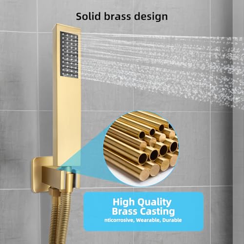 Bathroom Shower Faucet Set，12 Inch Rain Shower Head with Handheld Spray，Brass Shower Valve Trim Kit，Wall Mounted Square Rain Shower System (Brushed Gold) - color: Brushed Gold, size: 12 Inch Shower Head