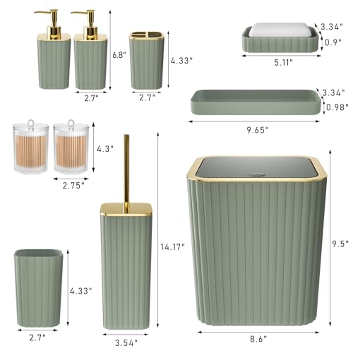 XLHOMO Bathroom Accessories Set - Gorgeous Bathroom Set, 10PC Sage Green Bathroom Accessory Set, Toilet Brush, Trash Can & Soap Dispenser - size: Bath Set, style: Sage Green&Gold