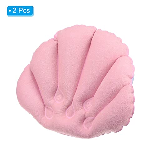 PATIKIL Inflatable Bath Pillow with Suction Cups, 2 Pack Terry Cloth Covered Shell Shape Bathtub Spa Pillow Neck Support for Bathtub Hot Tub, Pink - color: Pink