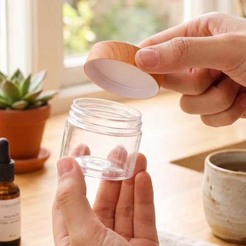 Patelai 4 Pieces Round Wide-mouth Leak Proof Plastic Container Jars with Lids for Travel Storage Makeup Beauty Products Face Creams Oils Salves Ointments DIY Making(2 Ounce,Wood) - color: Wood, size: 2 Ounce