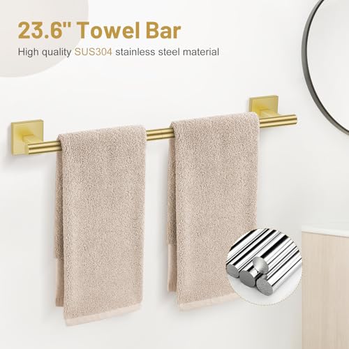 Lairuier 5 Pieces Bathroom Hardware Set Brushed Gold Towel Bar Set Includes 23.6” Towel Bar, Towel Ring Holder, Toilet Paper Holder and Two Towel Hooks, Bathroom Accessories Set SUS304 Wall Mounted - color: Brushed Gold, size: 5 Pieces - Double Base