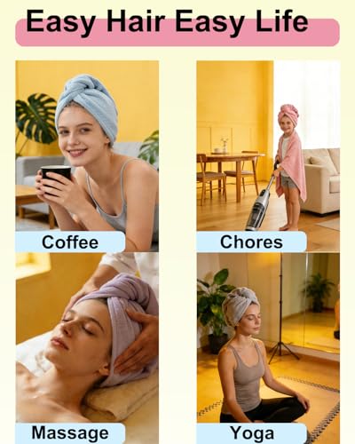 Microfiber Hair Towel Wrap for Women 6 Pack - Ultra Absorbent Fast Drying Turban with Button Closure, Anti-Frizz Design for Curly/Straight Hair, Lightweight & Machine Washable 25x65cm (6 Colors) - color: Red+grey+pink+blue+darkgrey+cream