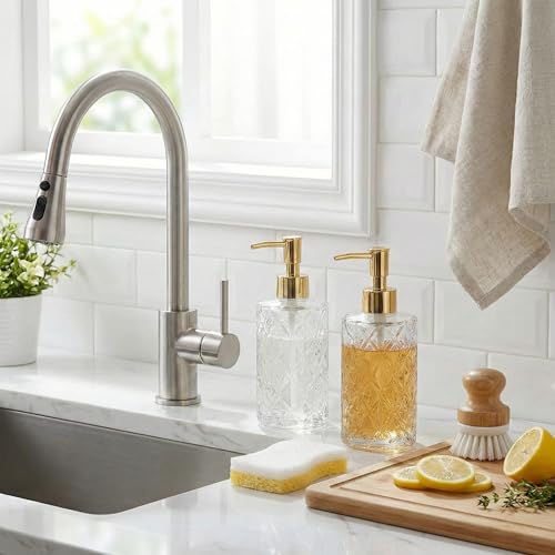BOPPIE Ribbed Glass Soap Dispenser, Modern Countertop Hand & Dish Soap Dispenser for Bathroom/Kitchen, Refillable Liquid Soap Bottle with Rust Proof Pump Set of 2 (Clear Glass) - color: Clear Glass