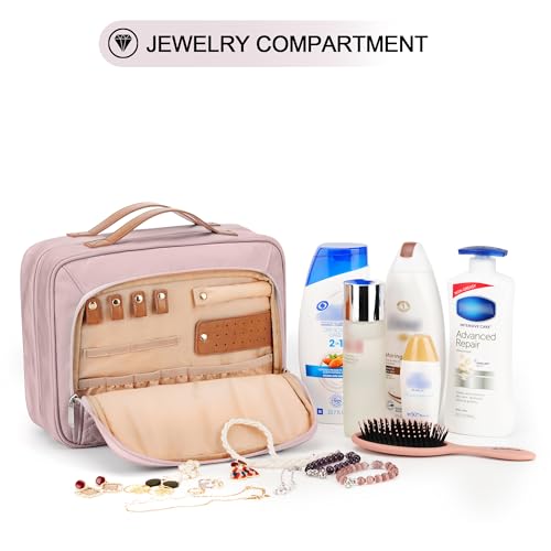 Travel Hanging Toiletry Bag for Women, Extra Large Makeup Bag, Holds Full-Size Shampoo, with Jewelry Organizer Compartment, Waterproof Cosmetic Bag, Toiletries Kit Set with Trolley Belt, Baby Pink - color: Baby Pink, size: Large