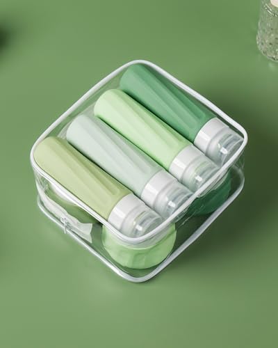 Mrsdry Travel Size Toiletries 8 Pack, TSA Approved 3oz Silicone Squeeze Bottles & Cream Jars with Clear Travel Bag - color: Water Green, size: 3oz bottle 3oz jar