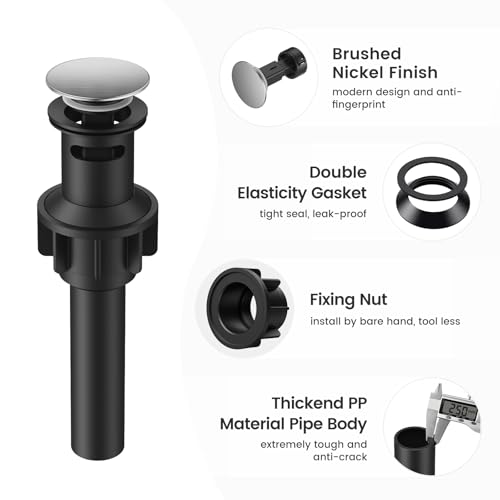 Bathroom Sink Drain with Overflow with Hair Catcher Anti-Clog Sink Strainer | Hurran Bathroom Sink Stopper for 1.65"-1.9" Hole, Plastic Pop-up Drain for Bathroom Vanity Vessel Sink, Brushed Nickel - color: Brushed Nickel