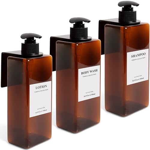 La Via Casa Shampoo and Conditioner Dispenser | 3 Plastic Amber 3 Wall Mount Black | Shampoo Dispenser with Waterproof Labels | No Drill | Shower Bottles Refillable with Pump