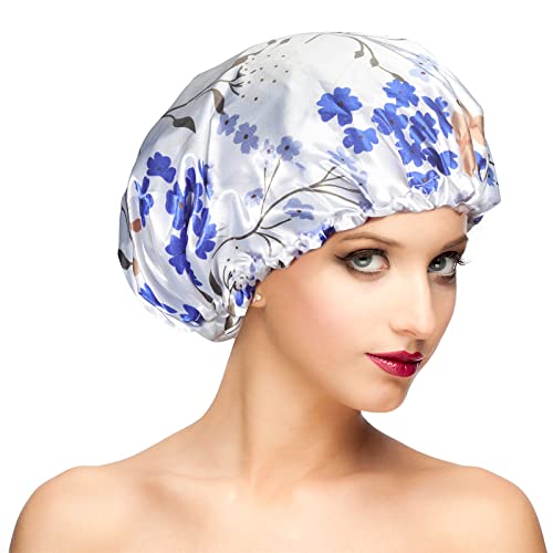 Shower Cap, Adjustable Shower Caps for Women, Extra Large Upgrade Double Waterproof Layers Hair Cap, Bath Caps Shower Hat Women Girls Adult Hair Protection Suitable for All Lengths and Thickness - color: Blue Porcelain, size: X-Large