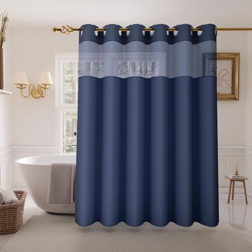 Inhousolu No Hook Shower Curtain with Snap-in Fabric Liner, Waffle Weave 230 GSM Polyester, Weighted Hem, Water Repellent Washable, Mesh Top Window 36" W x 72" L Navy Blue - color: Navy Blue, size: 36"W x 72"L (Pack of 1)