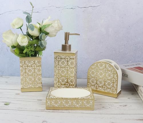 Hymmah Gold Bathroom Accessories Set,Farmhouse Bathroom Decor,4 Pcs Resin Gift Set Apartment Necessities, Contain Cotton Swab Jar,Soap Dispenser,Tumbler，Soap Dish/Tray - color: Gold