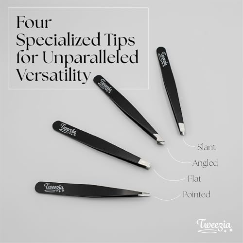 TWEEZIA Stainless Steel Precision Tweezers Set with Mirror Case, 4 Piece | Eyebrow tweezers, slant and pointed tips, use for facial hair, splinters, ingrown hairs, crafting, wigs, beauty kits