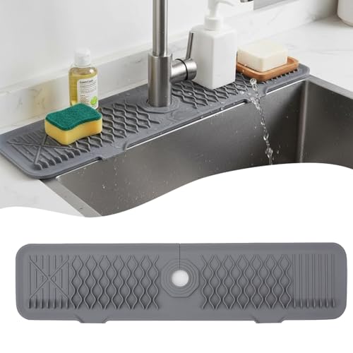Silicone Faucet Handle Drip Catcher Beveled Drying Tray Mat Dish Soap Sponge Holder Accessories Gadgets for Kitchen Counter Bathroom Kitchen Sink Splash Guard (24") - size: 24" x 5.7"