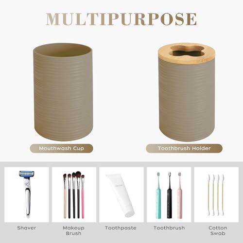 4 PCS Beige Bathroom Accessories Set, Includes a Soap Dispenser, Toothbrush Holder, Soap Dish and Mouthwash Cup, Plastics & Bamboo Bathroom Set, Bohemian Style Bathroom Sink Set - color: Beige, size: 4 PCS
