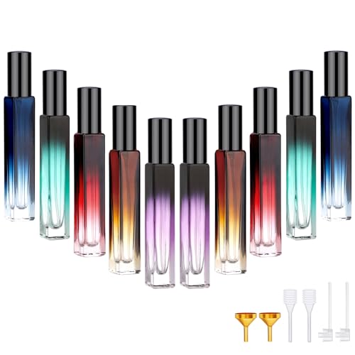 Segbeauty 0.34oz Mini Travel Spray Bottle, 10Pcs Glass Refillable Atomizer Spray Bottle for Perfume, 10ml Empty Perfume Atomizer Fine Mist, Portable Travel Cologne Sprayer with Refill Tool - color: Purple Amber Blue Red Green, style: Bulk Mini Bottles