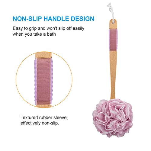 AmazerBath Shower Sponge Loofah Back Scrubber, PE Soft Mesh Loofah Body Scrubber with Long Wooden Handle, Bath Sponge for Men Women (Pink) - style: Pink