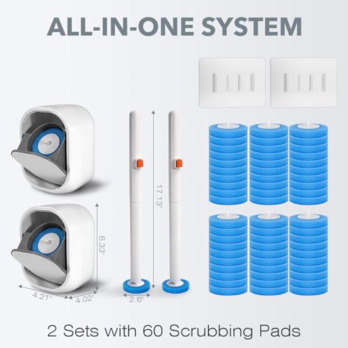 2-Pack Disposable Toilet Brush & Wand Kit, Wall-Mounted Auto-Closing Caddies with 60 Refills, Deep Cleaning System with Pre-Loaded Scrubber for Rust & Hard Water - Mess-Free Modern Design - size: 2 Brushes + 60 Refills