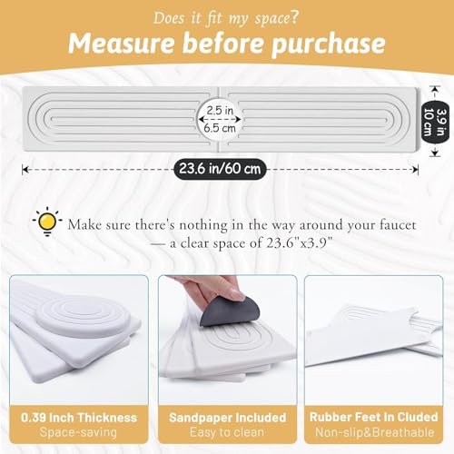Faucet Mat for Kitchen Sink with Sandpaper, Diatomaceous Earth Faucet Splash Guard, Fast Drying Sink Protector Stone, Water Absorbing Stone Mat for Bathroom Sink Counter, Gift for Mother's Day, White - size: 23.6" x 3.9"
