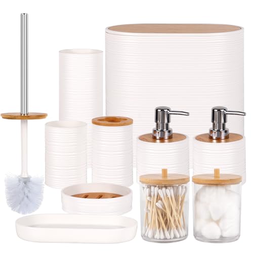 Bathroom Accessory Set,10 PCS White Bathroom Accessories Set with Trash Can, Toothbrush Holder, Soap Dispenser, Toothbrush Cup, Vanity Tray, Soap Dish, Toilet Brush, Qtip Holders - color: White