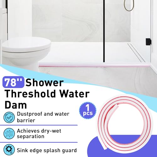 78'' Transparent Silicone Shower Threshold Water Dam Seal Strip | Self Adhesive Collapsible Splash Guard Barrier, For Shower & Sink Edge Dry-Wet Separation Use