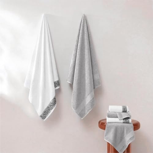 Modern Threads 600 GSM 6-Piece Towel Set with Filgree Jacquard Border, Silver - color: Silver, style: Jacquard Border